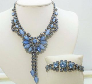 Vintage Blue Rhinestone Fringe Glass Necklace Bracelet Set,  Prong Set