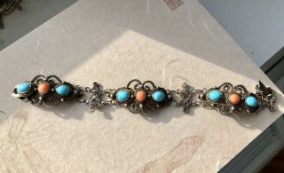 Vintage Chinese Export Silver Filigree Turquoise & Coral Bracelet Marked
