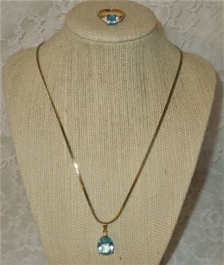 Vintage Aquamarine Blue Topaz 14k Mex Necklace & Pendant,  Fashion Ring