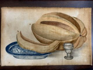 Antique Velvet 19th Century American Folk Art Fruit Bowl Theorem Painting