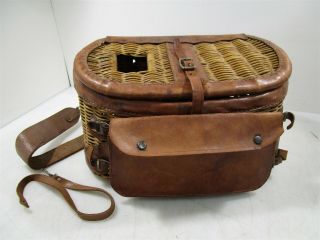 Vintage Leather Bound Fishing Basket W/pocket