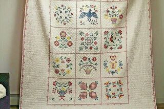 Vtg Cotton Album Hand Quilted & Cross Stitch Quilt 84 By 95 Inches