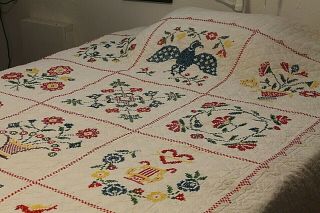 Vtg Cotton Album Hand Quilted & Cross Stitch Quilt 84 by 95 inches 3