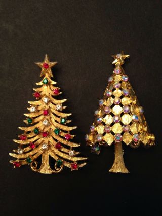 2 Vintage Signed Mylu Gold Ab & Rhinestone Christmas Trees Holiday Brooch Pins