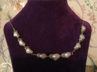 Antique Art Nouveau: Lustrous Pearls Set Solid Silver Necklace