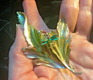 Vtg Large Signed Art Enameled Pot Metal Leaf W/ Moving Spinning Dragonfly Brooch