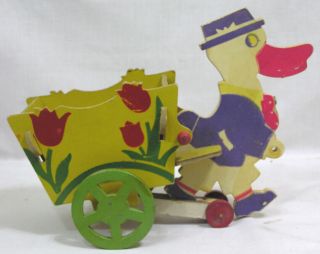 Vtg Easter Candy Cart Pulled By Anthro Duck Pressed Wood Signed 1940s