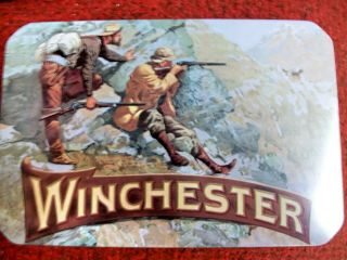 Vintage Collectible Winchester Tin,  Picture Of 2 Hunters W/backpack & Camp Equip.