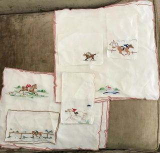 Vintage Equestrian Horse Racing Polo Hunting Napkins Towels Embroidered 13 Pc