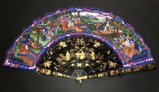 Fine Antique Chinese Gold Lacquer Hand Painted Figural Court Scene 100 Faces Fan