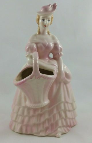 Vintage Pink Ceramic Porcelain Southern Belle Girl Lady Planter Figurine