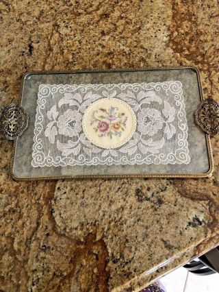 Vintage Brass Footed Dresser Vanity Tray With Lace And Flowered Center