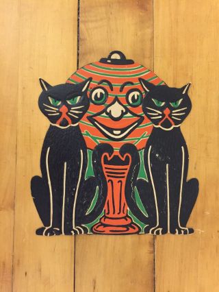 Vintage Beistle Halloween Die Cut Embossed Black Cats / Jack O Lantern