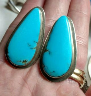 Vintage Navajo E Piaso Sterling Silver 925 Huge Turquoise Earrings Signed