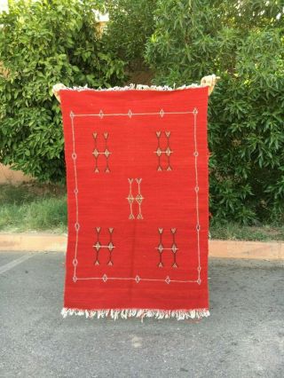 Vintage Moroccan Handmade Wool Tribal Berber Rug Authentic Cactus Silk Kilim