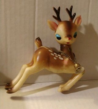 Vintage Christmas Plastic Blue Big Eyes Reindeer Deer Rare Figurine Bell 1960s