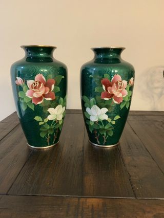 Vintage Japanese Cloisonne Vases Emerald Green