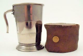 Vintage Collapsible Dixon Nickel Plate Travel Tot Stirrup Cup In Leather Case