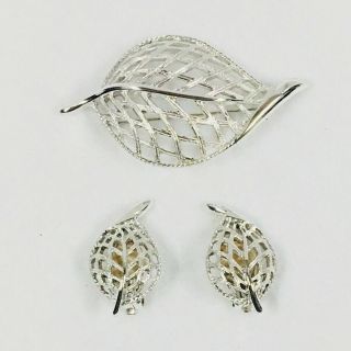Vintage Sarah Coventry Leaf Brooch/pin And Earring Set Silver Tone