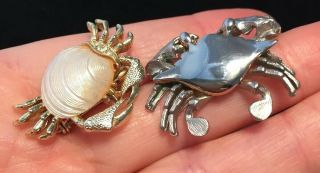 Vintage Jewellery Lovely Crab Brooches,  One Signed And One With A Real Shell Body