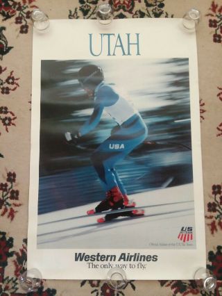 Vintage Western Airlines Us Ski Team Utah Poster Advertising 1970 