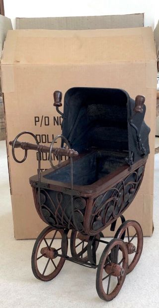 Vintage Baby Doll Wooden,  Canvas & Metal Carriage Stroller Buggy