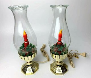 2 Vintage Christmas Electric Hurricane Melted Drip Candle Lamps Glass Chimneys
