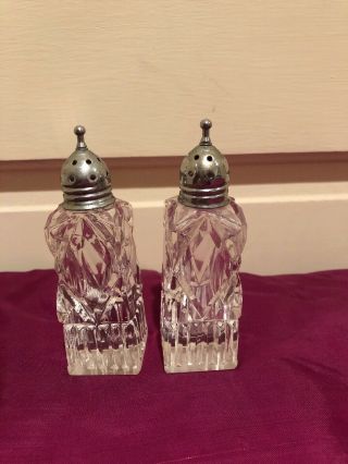 Vintage 50’s Crystal Hand Cut Salt And Pepper Shakers With Copper Cap 4” Tall