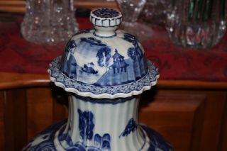 Large Chinese Blue & White Lidded Temple Urn Vase - Trees Houses Water River 2