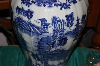 Large Chinese Blue & White Lidded Temple Urn Vase - Trees Houses Water River 3