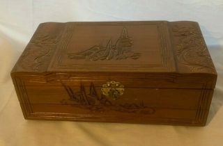 Vintage Carved Wood Jewelry Box Casket With Mirror Large