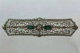 Vintage Edwardian 10k White Gold Filigree Bar Pin W/ 2 Emeralds & Diamond