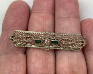 Vintage Edwardian 10k White Gold Filigree Bar Pin w/ 2 Emeralds & Diamond 2