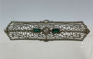 Vintage Edwardian 10k White Gold Filigree Bar Pin w/ 2 Emeralds & Diamond 3