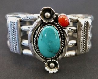 Vintage Handmade Southwestern Sterling Silver Turquoise And Coral Cuff Bracelet