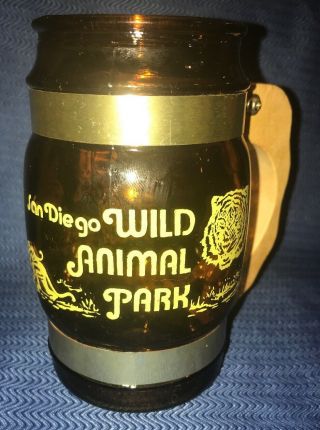 Vintage San Diego Wild Animal Park Souvenir Brown Glass Mug Cup Wood Handle