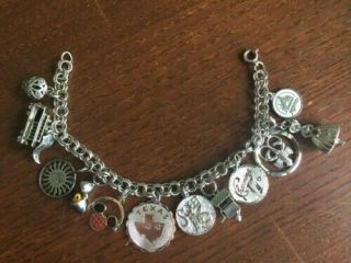 Vintage Sterling Silver 12 Charm Bracelet Disney Texas Cable Car Chick Sweet 16