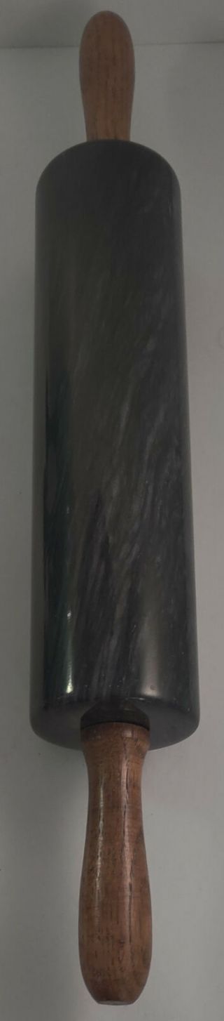 Vintage Black & Gray Marble Gourmet Rolling Pin Oak Handles W/ Marble Stand