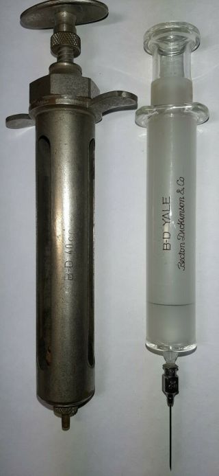 Vintage Bd 40cc Metal Syringe And Bd - Yale 20cc Glass Syringe.