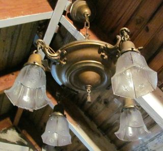 Vintage Antique 4 Arm Brass Hanging Light Fixture Chandelier with Old Shades 2