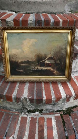 1800s Antique Oil On Canvas Painting W Plank Back Gilt Frame 24 X 18