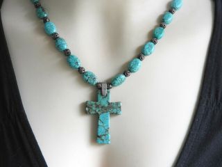 Vintage Solid 925 Sterling Cross Necklace Pendant Turquoise Southwestern 18 "