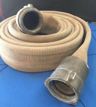 Vintage Antique Fire Hose With Akron Brass Nozzle 13 - 14 Feet