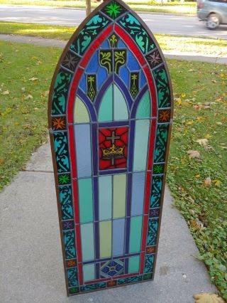 Antique Gothic Stained Glass Church Window Cross W Thorns Ornate Design