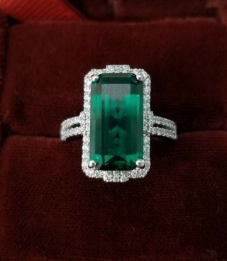 Vtg Sterling Silver Estate Ring Size 6 Emerald And Diamond Cocktail Ring