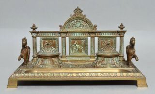 A Wonderful Quality Very Large Antique 19thc Cast Gilt Bronze Inkwell Inkstand