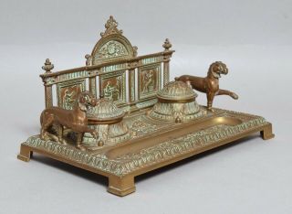 A WONDERFUL QUALITY VERY LARGE ANTIQUE 19THC CAST GILT BRONZE INKWELL INKSTAND 2
