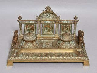 A WONDERFUL QUALITY VERY LARGE ANTIQUE 19THC CAST GILT BRONZE INKWELL INKSTAND 3