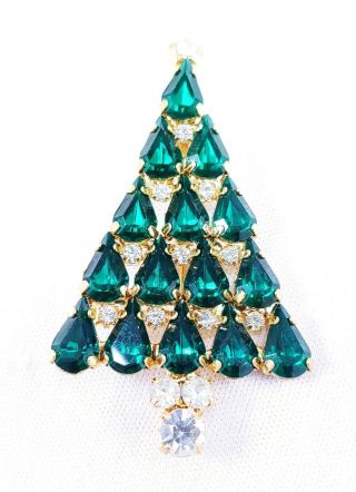 Vintage Green Glass Prong Set Rhinestone Christmas Tree Brooch Pin And Pendant