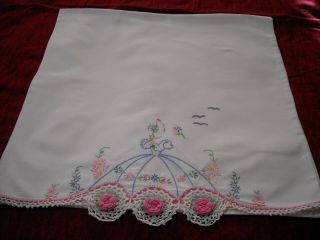 Vintage Embroidered&crocheted Edge Single Pillow Case Lady Design 20x36